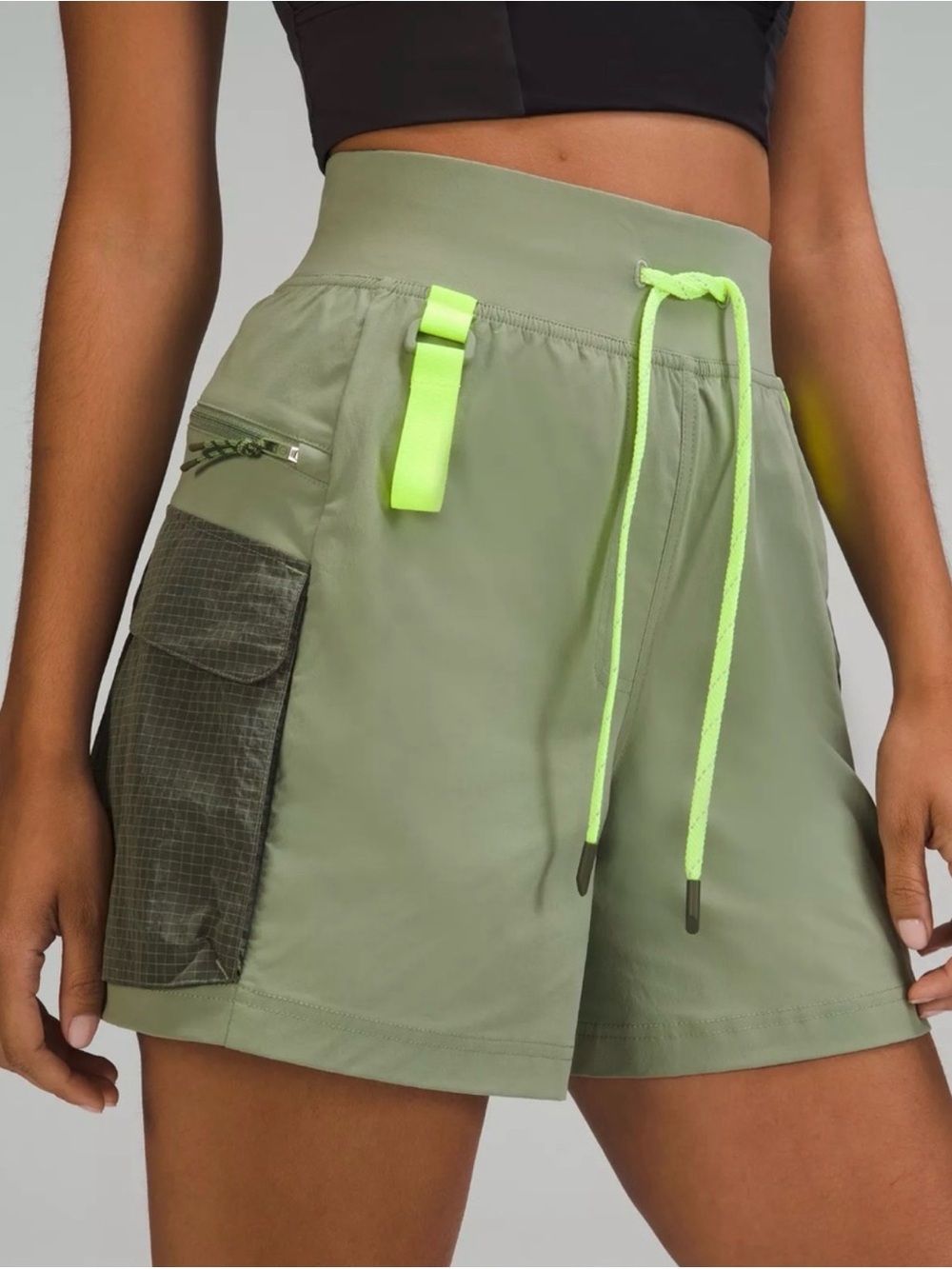lululemon athletica Olive Cargo Shorts with Neon Green Accents Like New